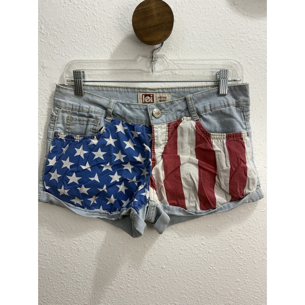 Vintage Y2K LEI Ashley Denim Low Rise Shorts Patriotic Cuffed Juniors 9